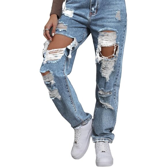 Women's Ripped High Waist Jeans Polyester Straight Leg Casual Y2K Pants - Picture 4 of 6